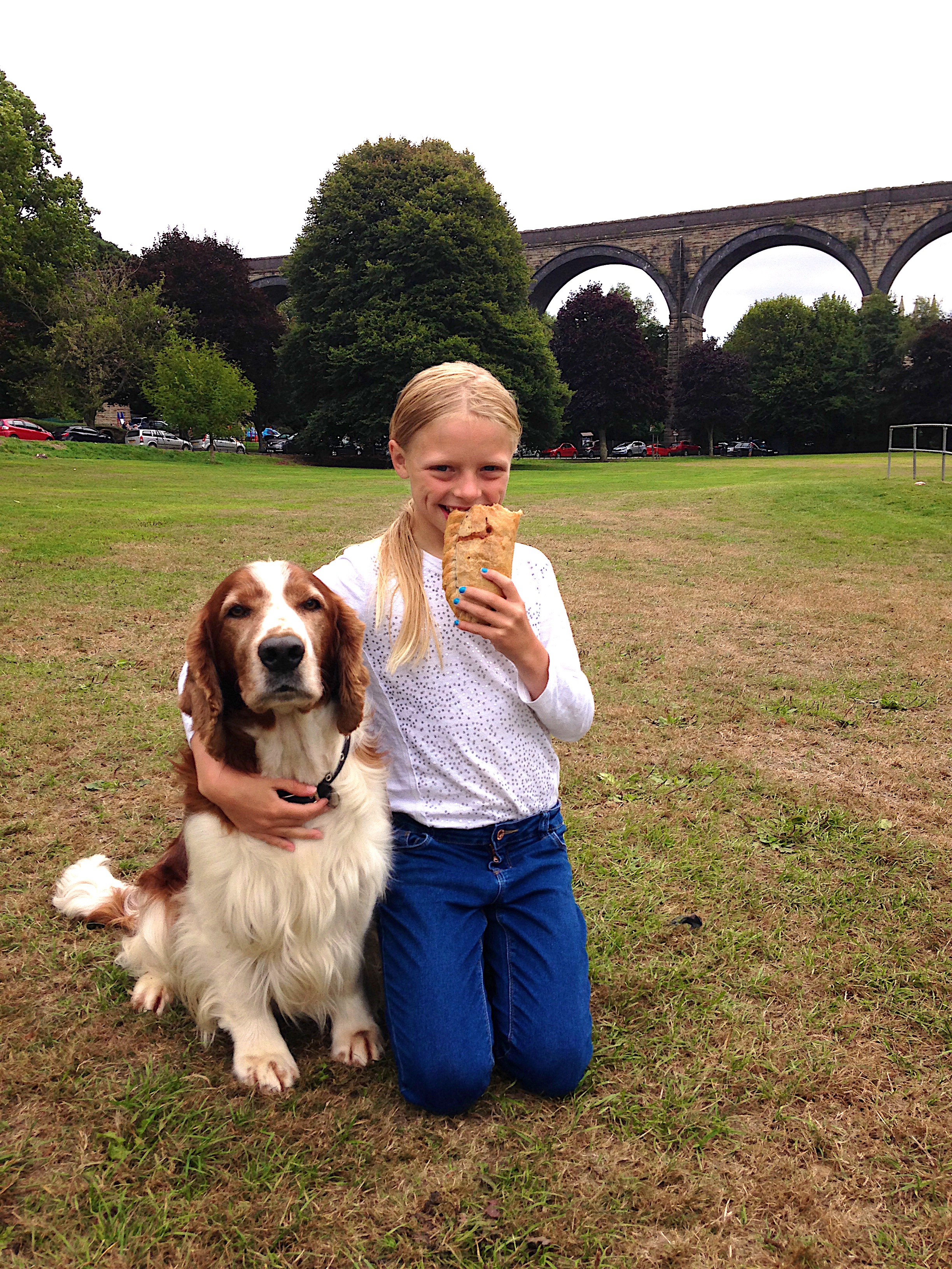 Picture of Daisy eating a post swim protein meal courtesy of Prima Bakeries